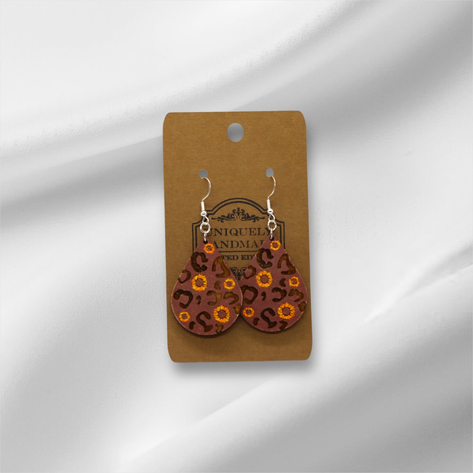 Wooden Dark Sunflower Leopard Teardrop Earring