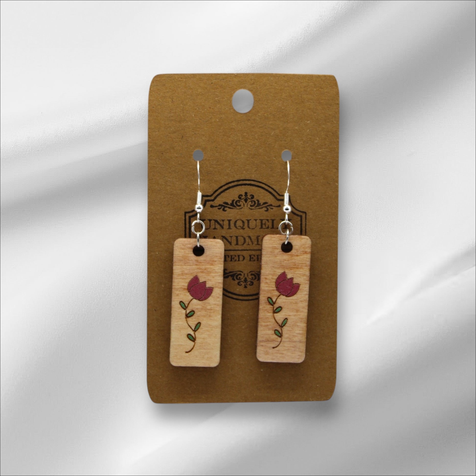 Wooden Dark Pink Flower Earring