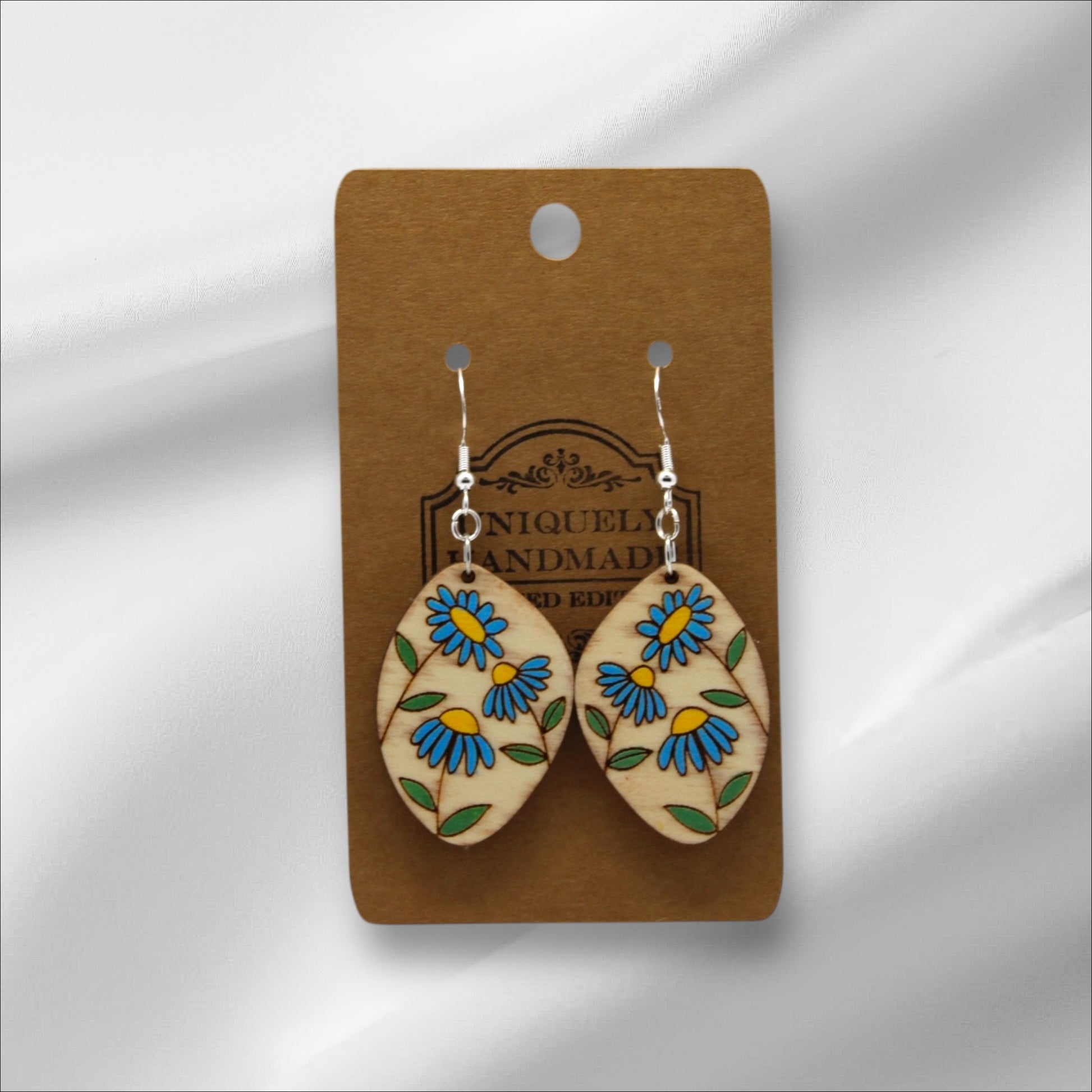 Wooden Blue Daisy Earring