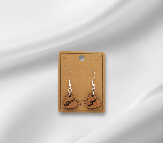 Wooden Heart Music Note Earring