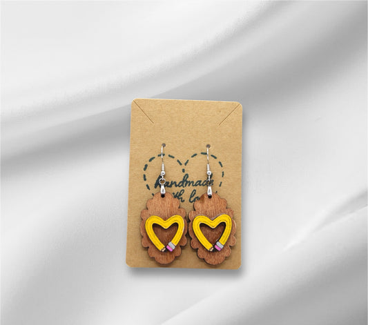 Wooden Pencil Heart Earring