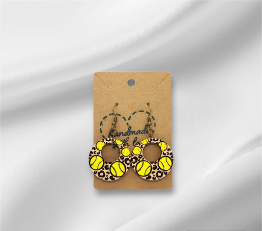 Wooden Softball & Cheeah Print Earring