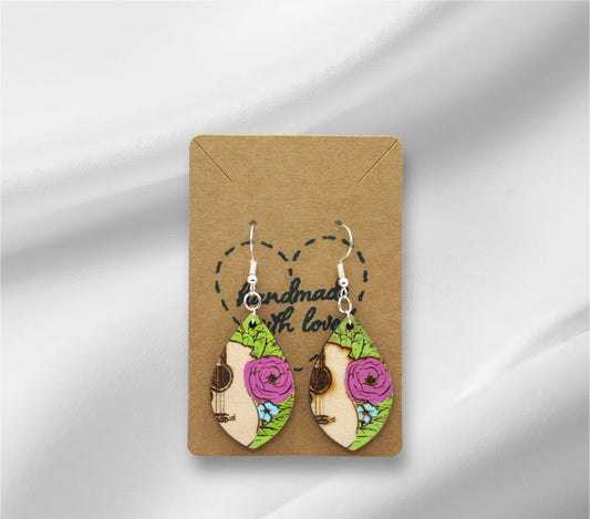 Wooden Guitar & Flower Earring