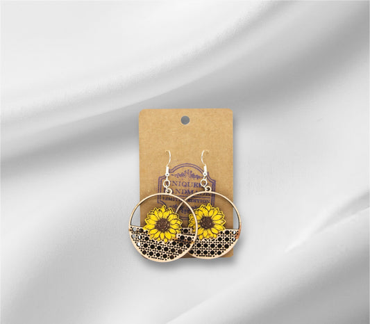 Wooden Round Sunflower Earring