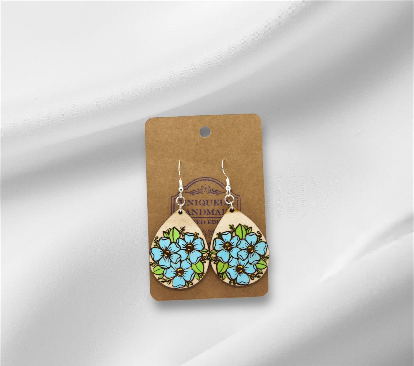 Wooden Sky-Blue Flowers Earring