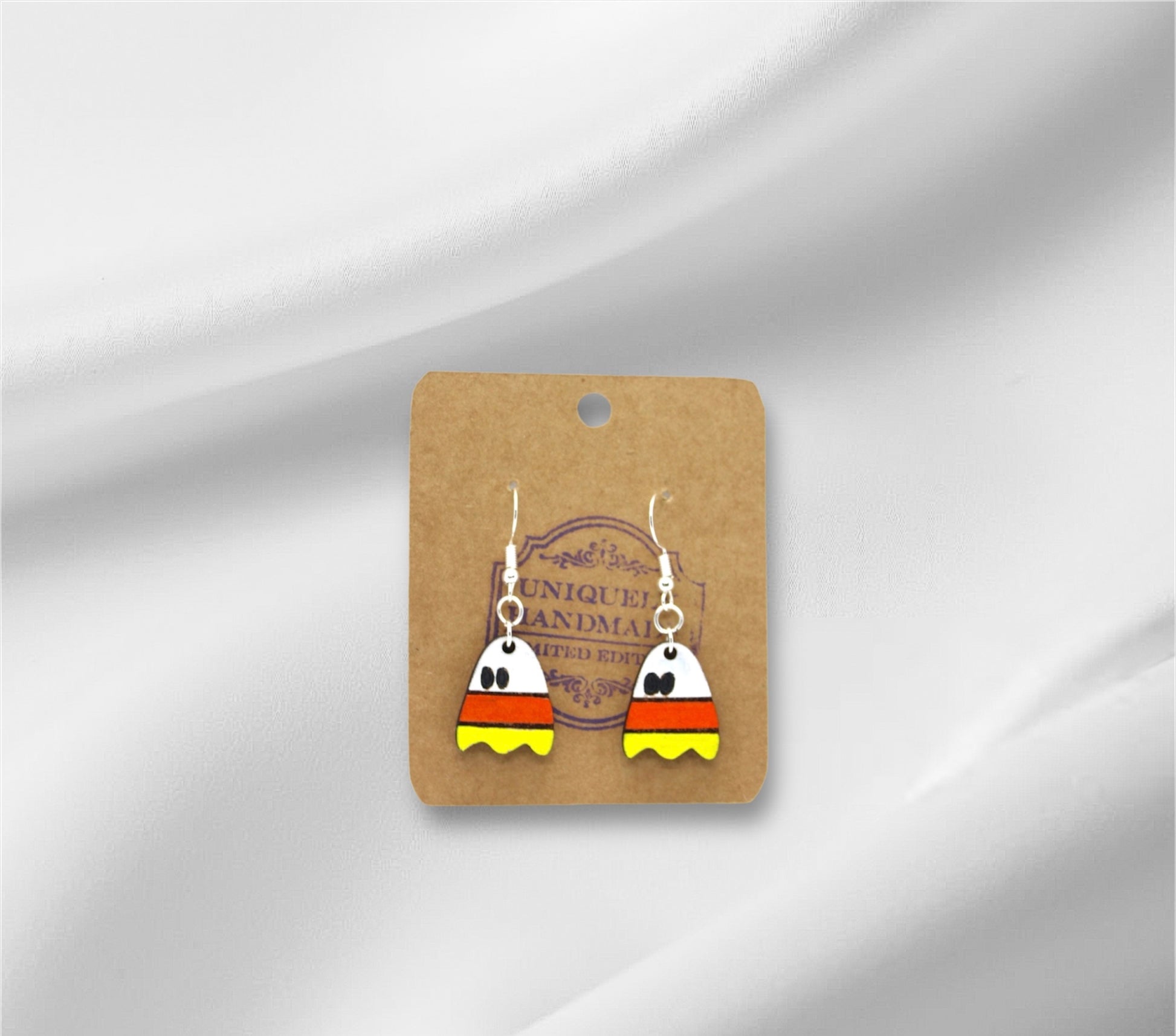 Wooden Candy Corn Ghost Earring