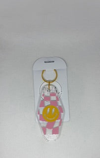 Pink Checker Smiley Keychain