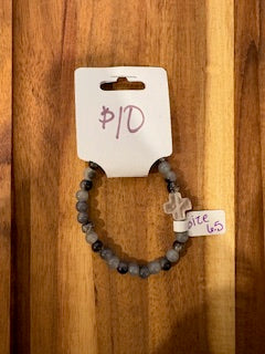 Gray Marble Beaded Bracelet with Cross Charm (Size 6.5)