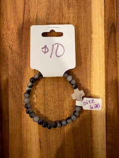 Gray Marble Beaded Bracelet with White Cross Charm (Size 6.25)