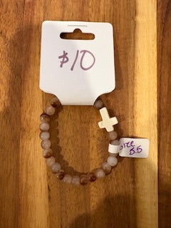 Taupe Marble Beaded Bracelet with White Cross Charm (Size 5.5)