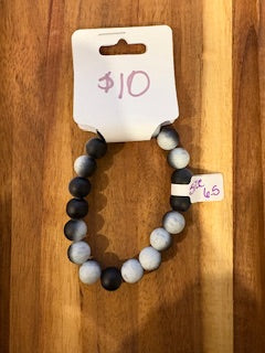 Black & Gray Frosted Marble Beaded Stretch Bracelet (Size 6.5)