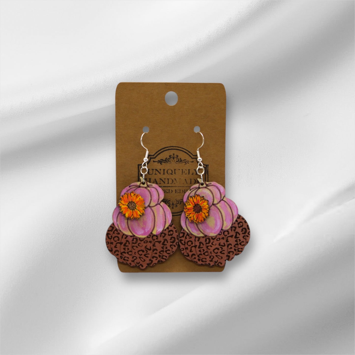 Wooden Light Pink Cheetah Print Pumpkin Earring