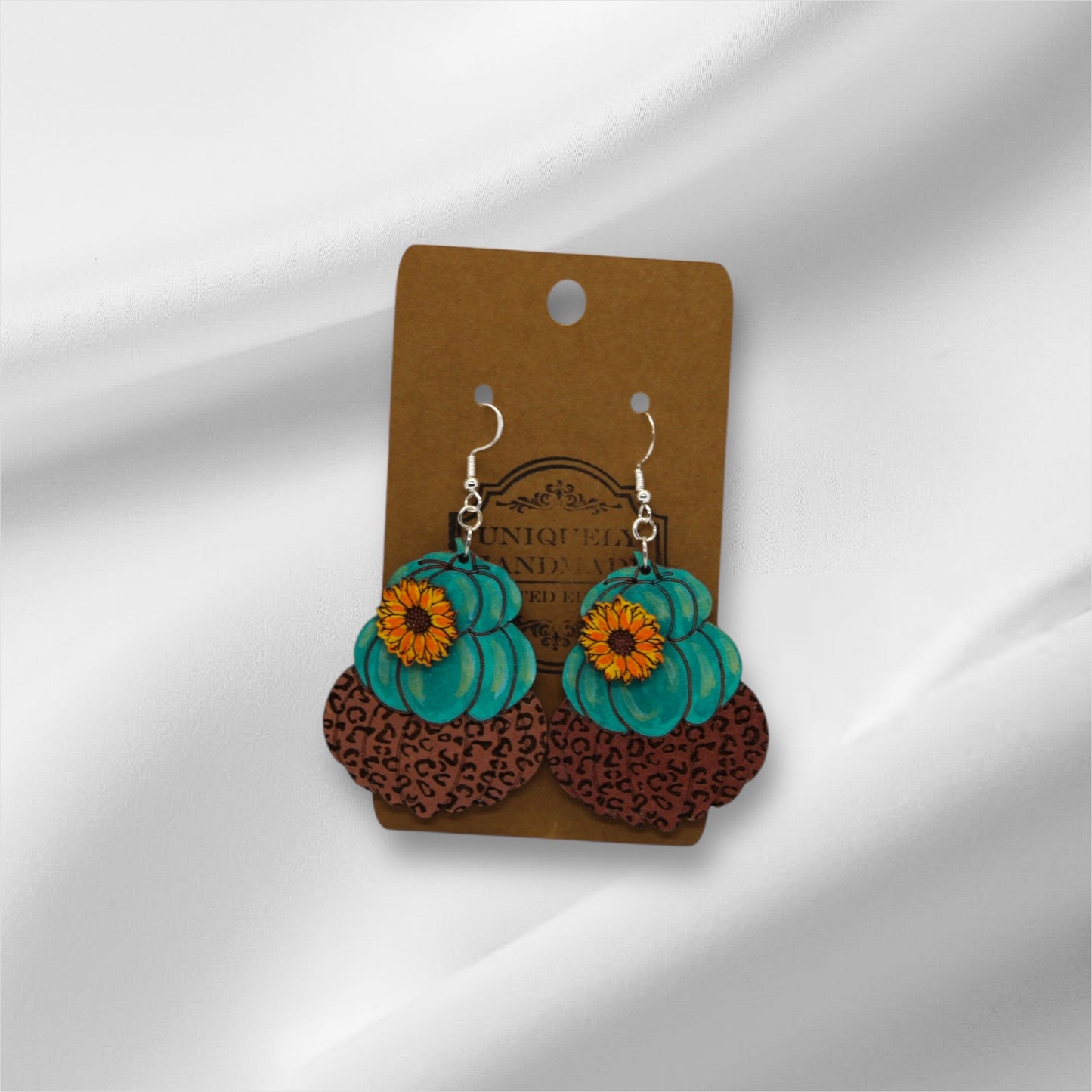 Wooden Cheetah Print Blue Pumpkin Earrring