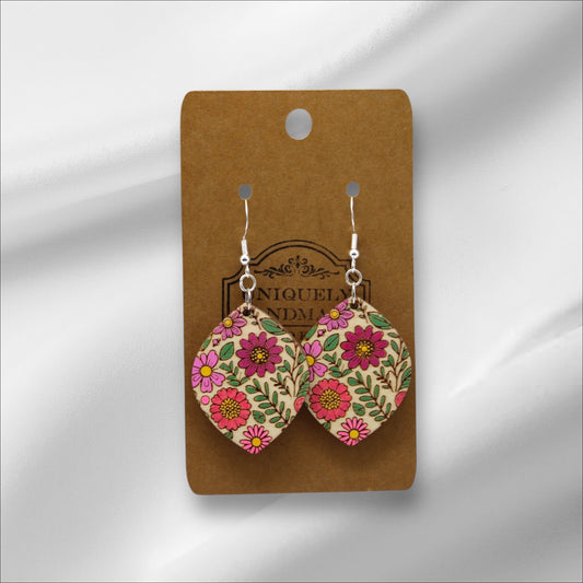 Wooden Pink Flowers Earring