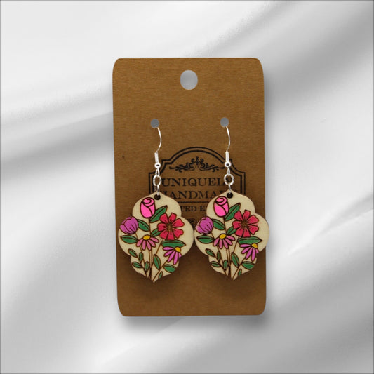 Wooden Pink Flowers Earring