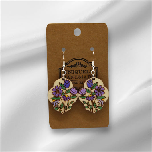 Wooden Purple Flowers Earring