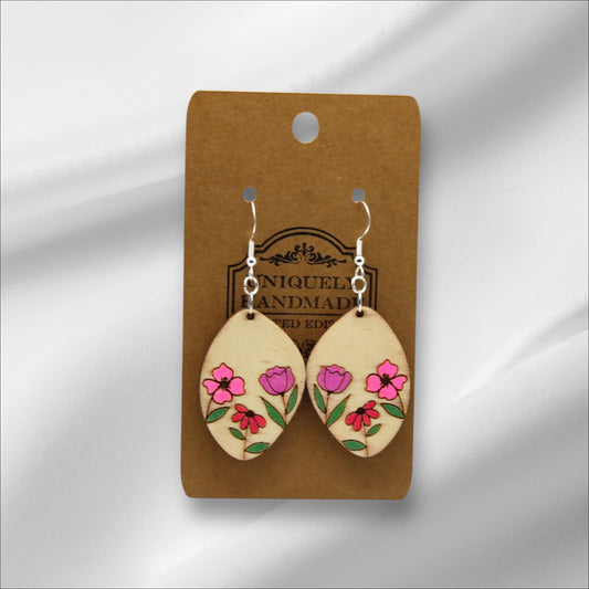 Wooden Pink Flowers Earring