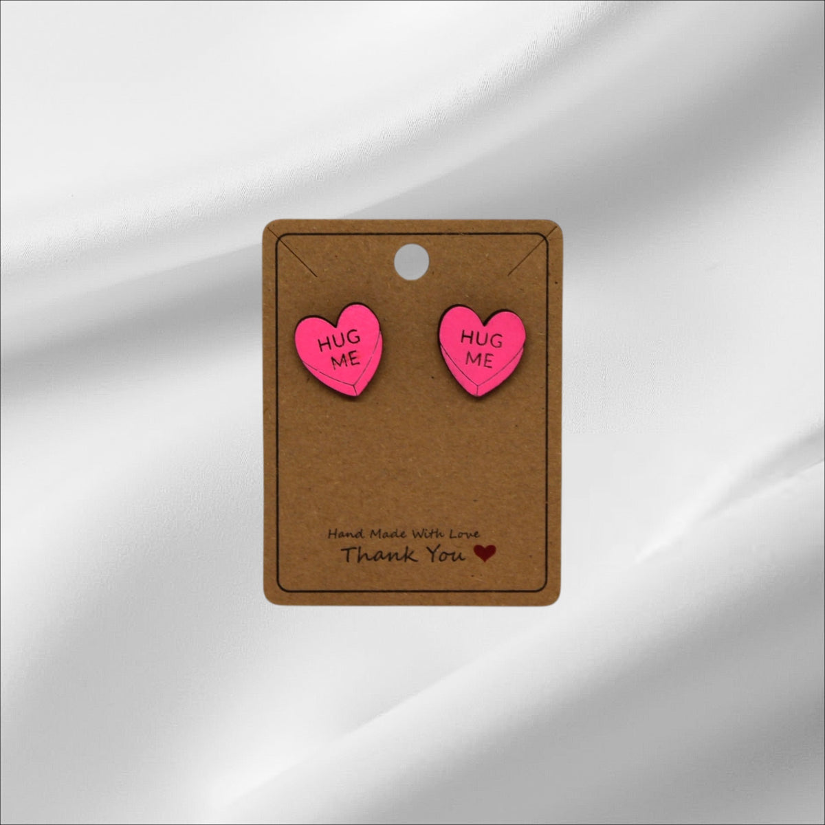 Wooden Pink Heart Hug Me Stud