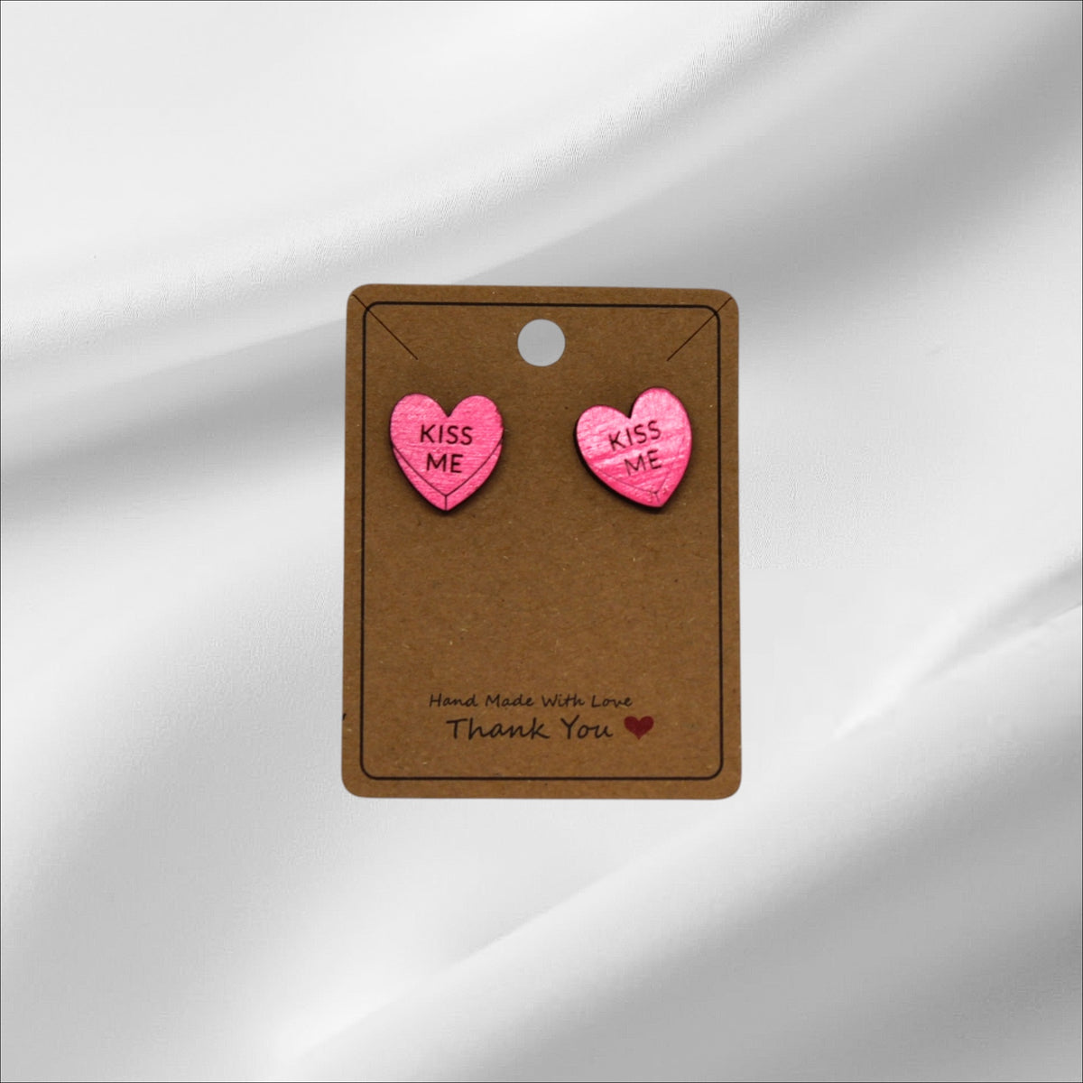 Wooden Pink Heart Kiss Me Stud