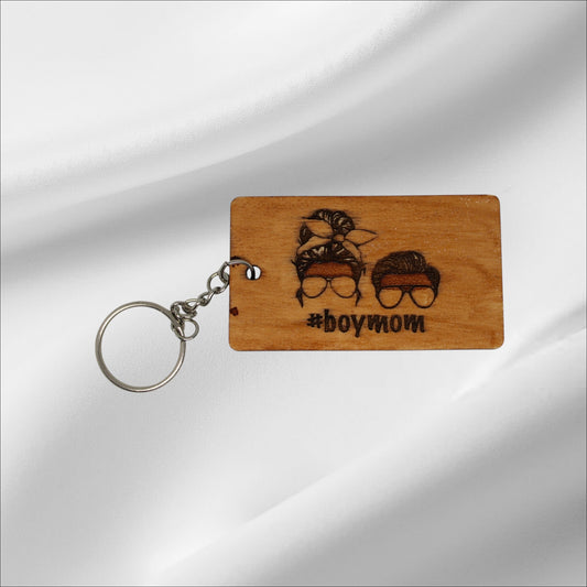 Wooden Boy Mom Keychain