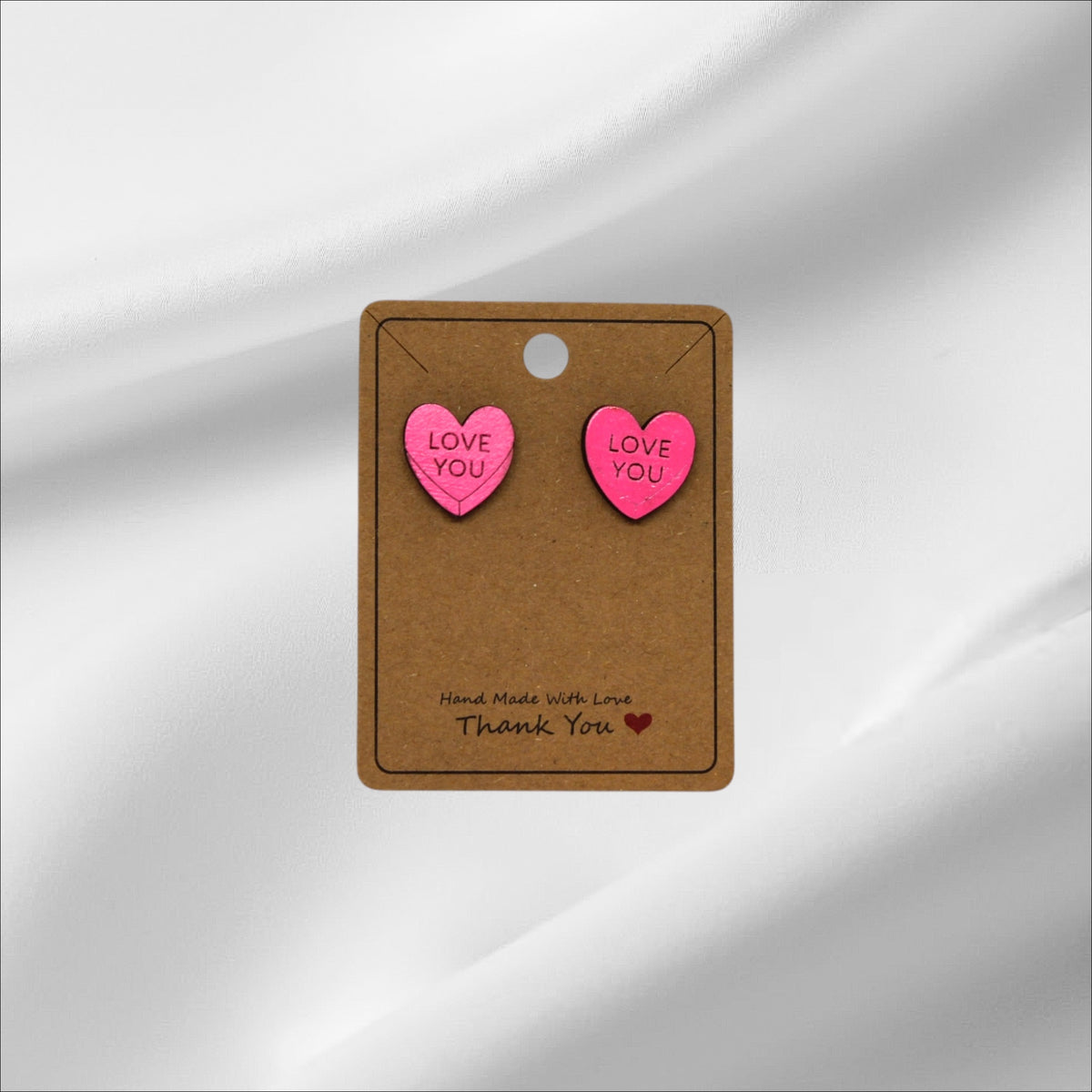 Wooden Pink Heart Love You Stud