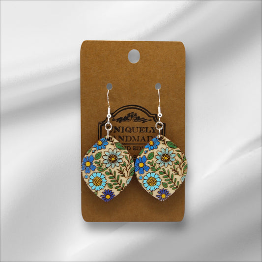 Wooden Blue Flowers Earring