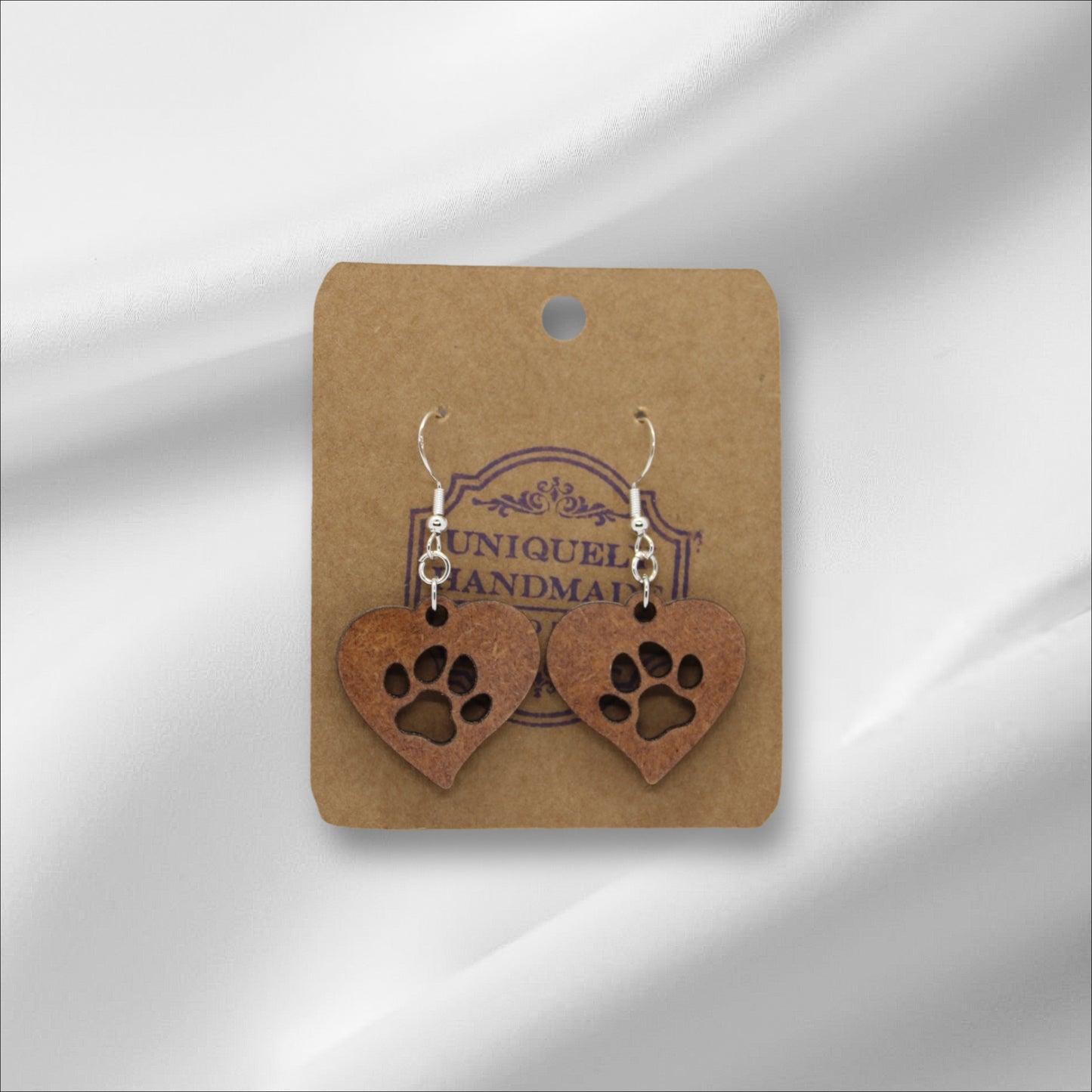 Wooden Heart Dog Paw Print Earring