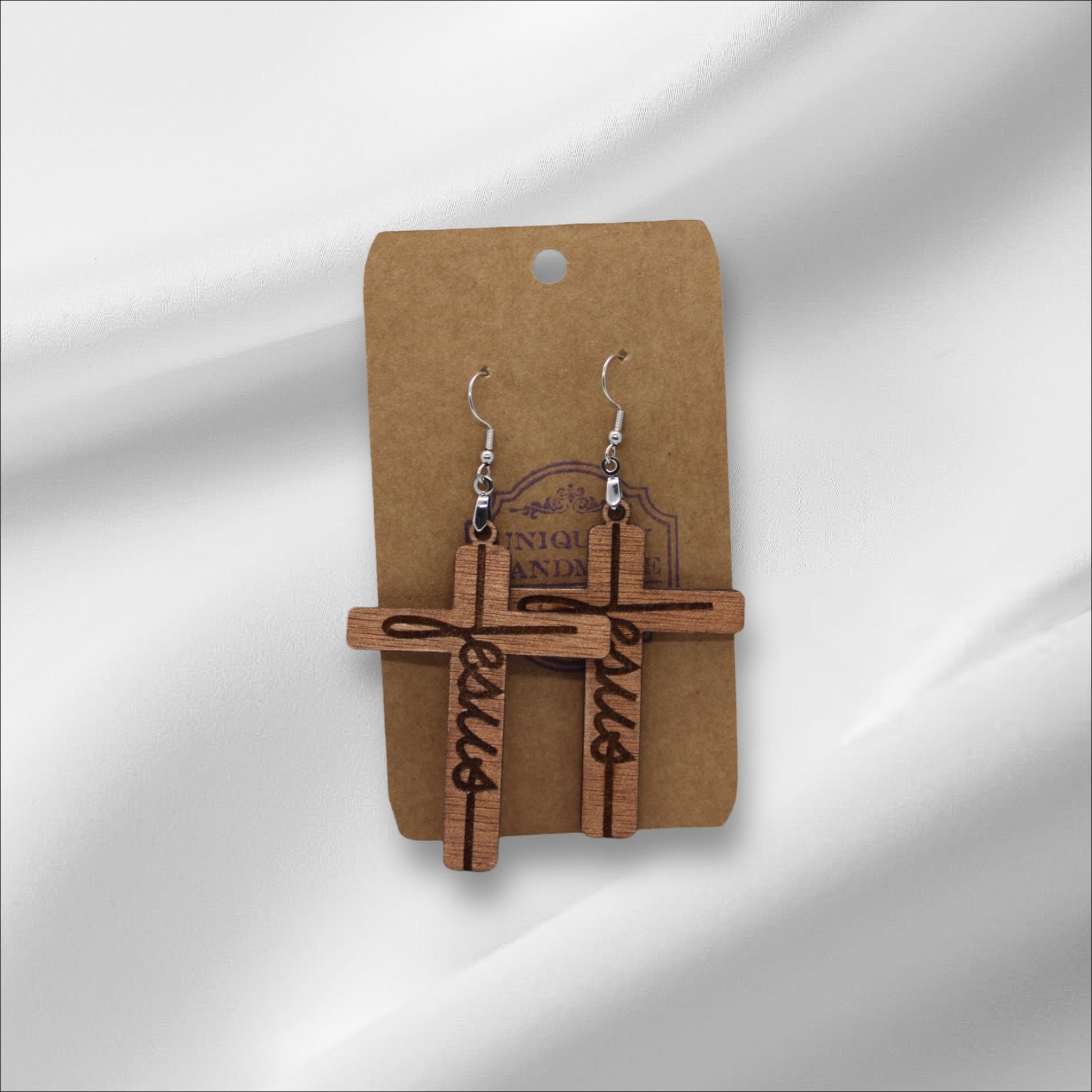 Wooden Jesus Cross Earring