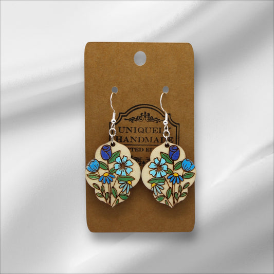 Wooden Blue Flowers Earring