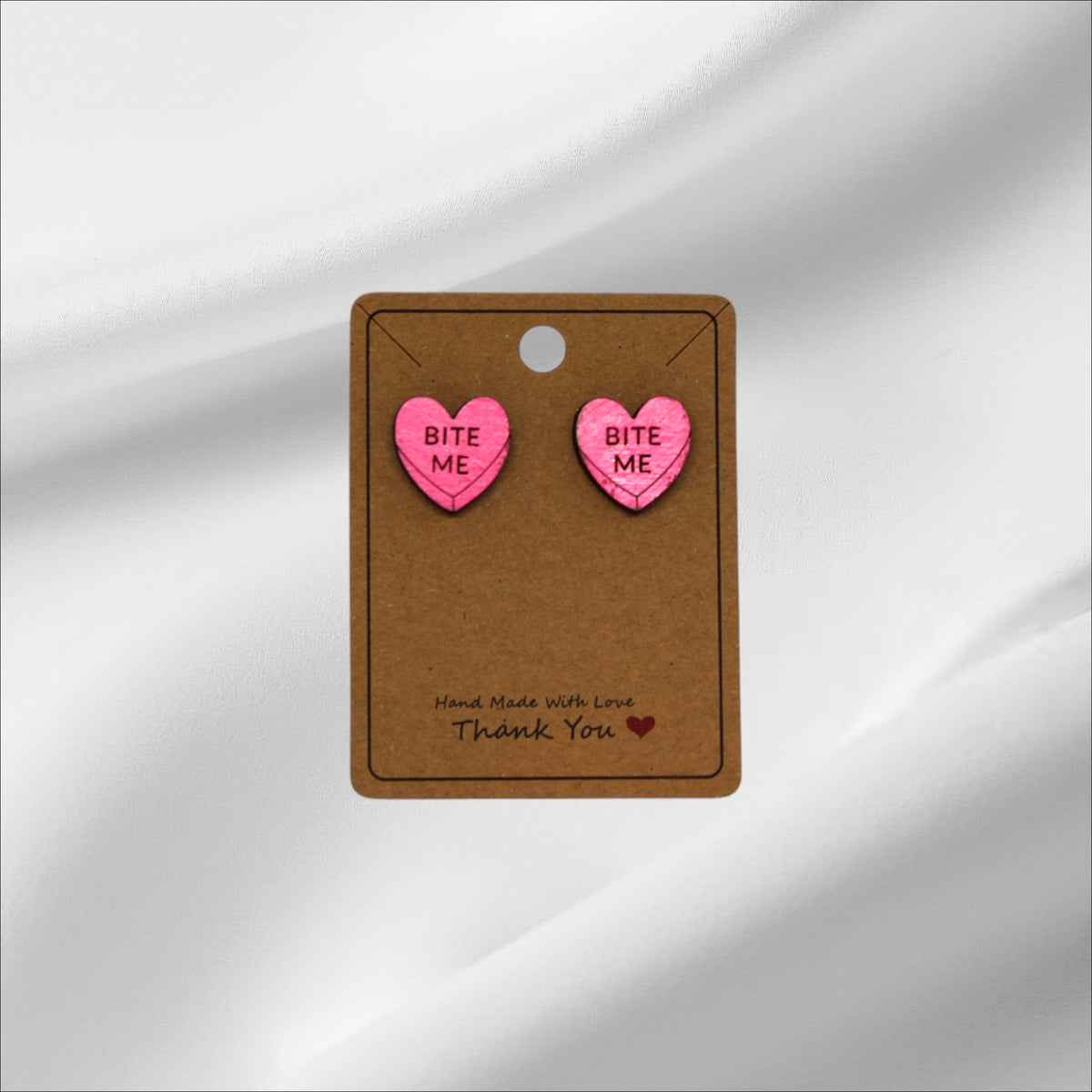 Wooden Pink Heart Bite Me Stud