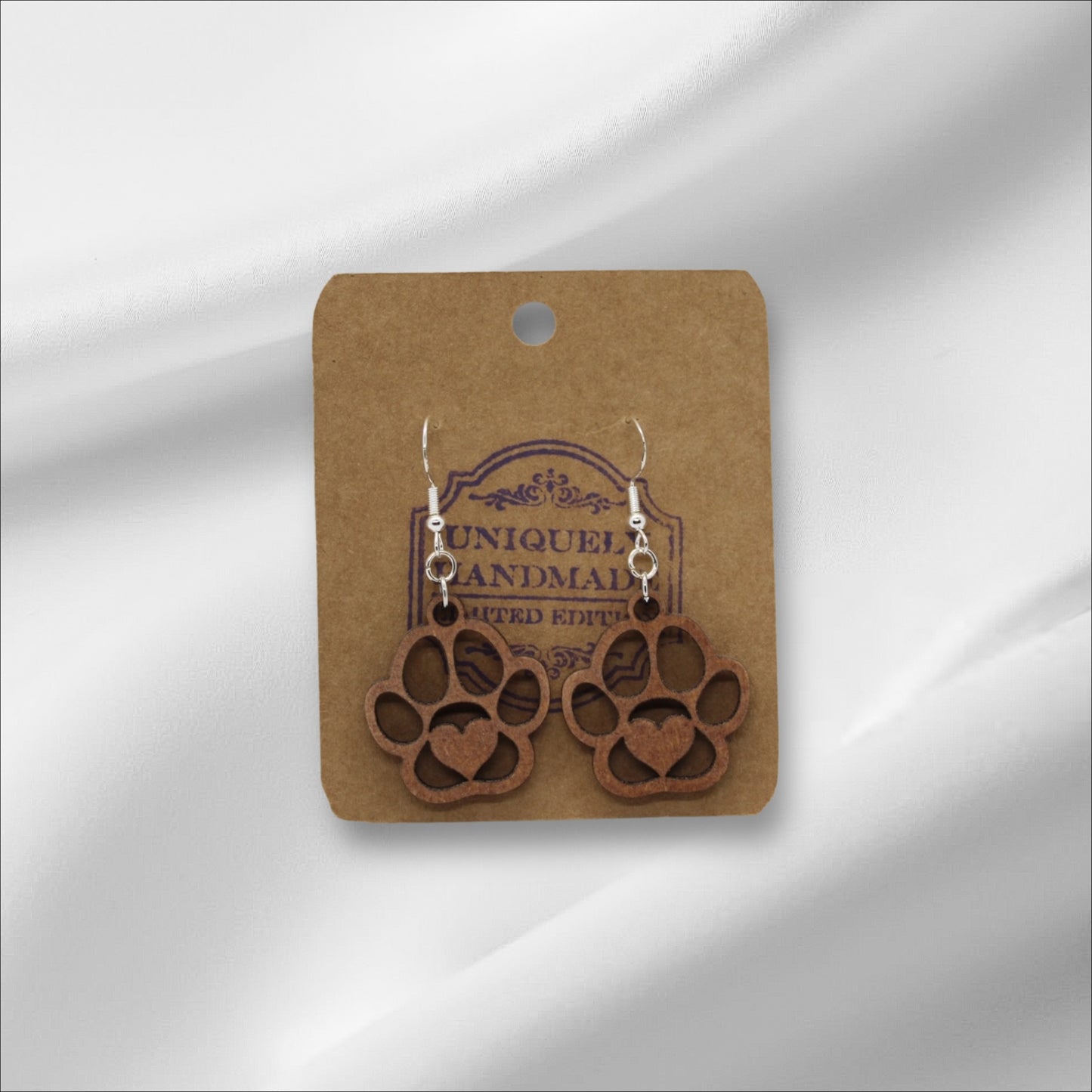 Wooden Paw Print Heart Earring