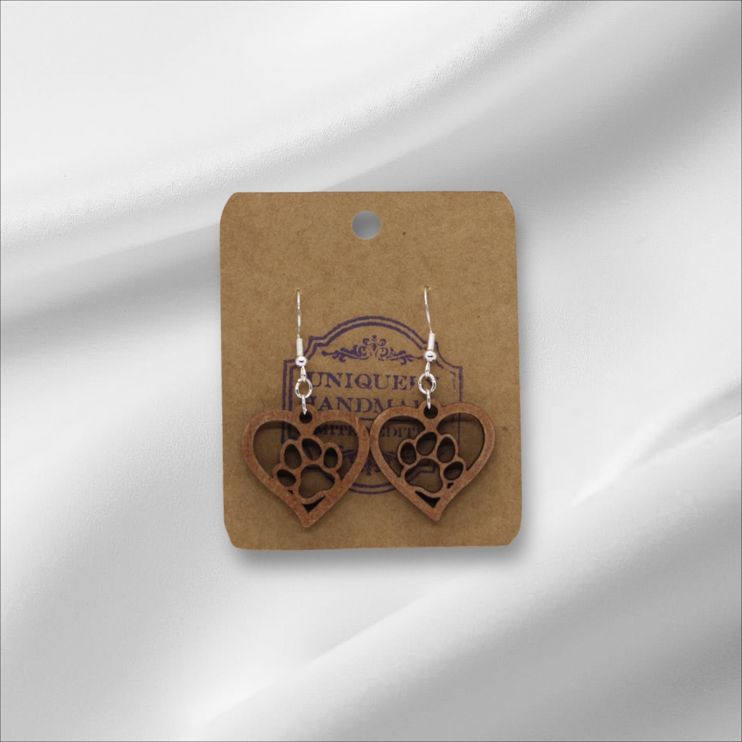 Wooden Paw Print Heart Earring