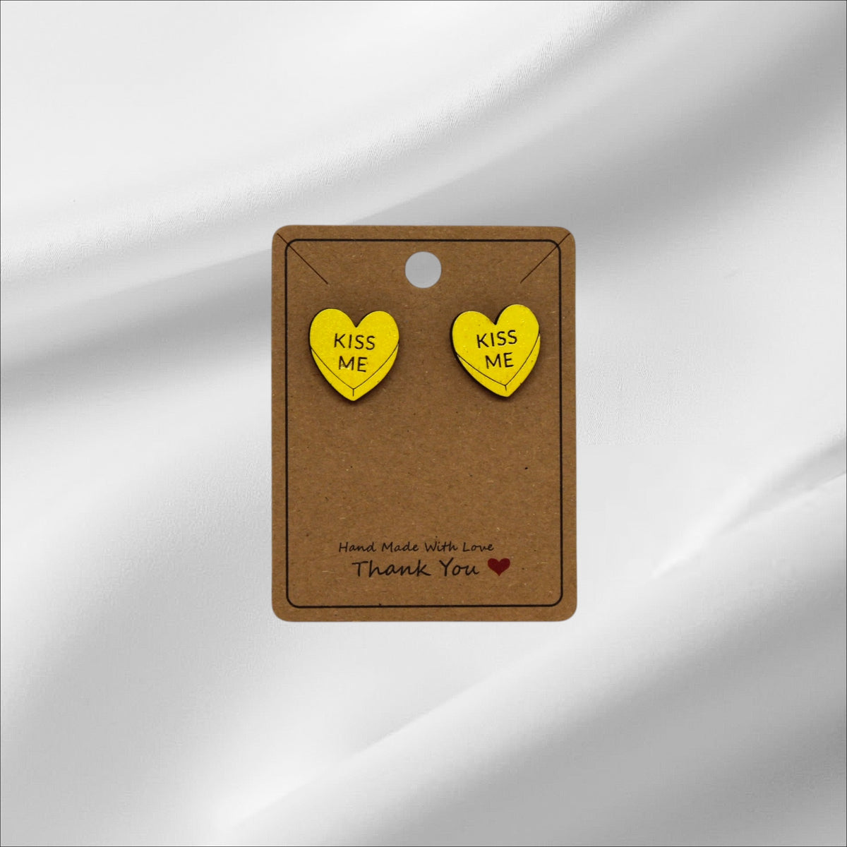 Wooden Yellow Heart Kiss Me Stud