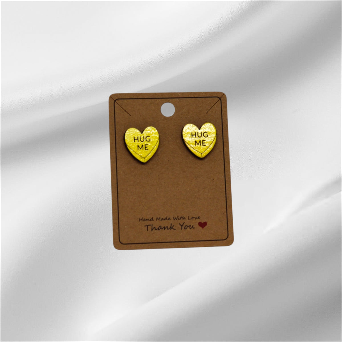 Wooden Yellow Heart Hug Me Stud